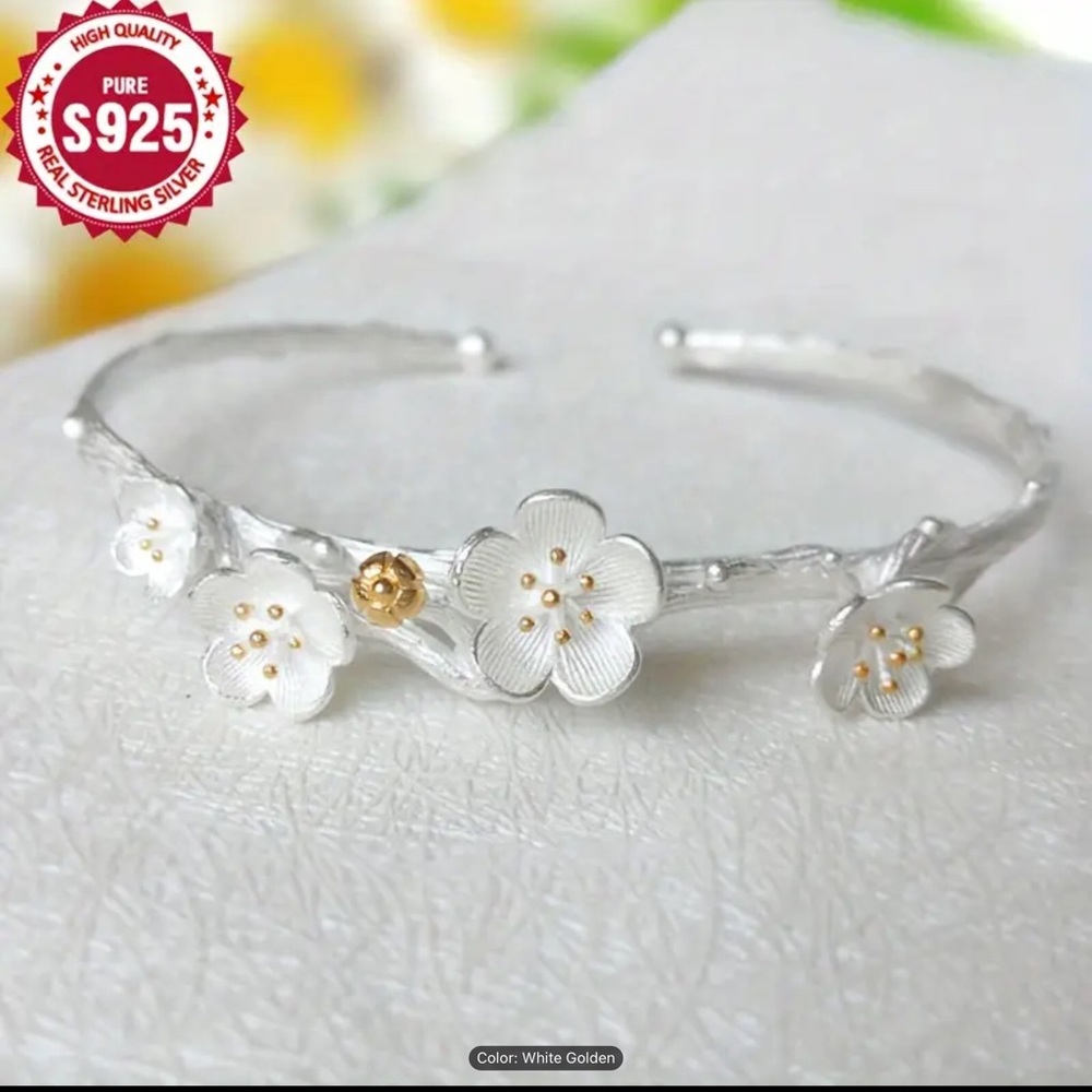 Floral Sterling Silver Cuff Bracelet - 925 Silver